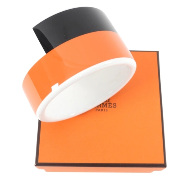 Hermes White Orange Black Lacquer Wide Assam Bangle - Picture 3 of 3
